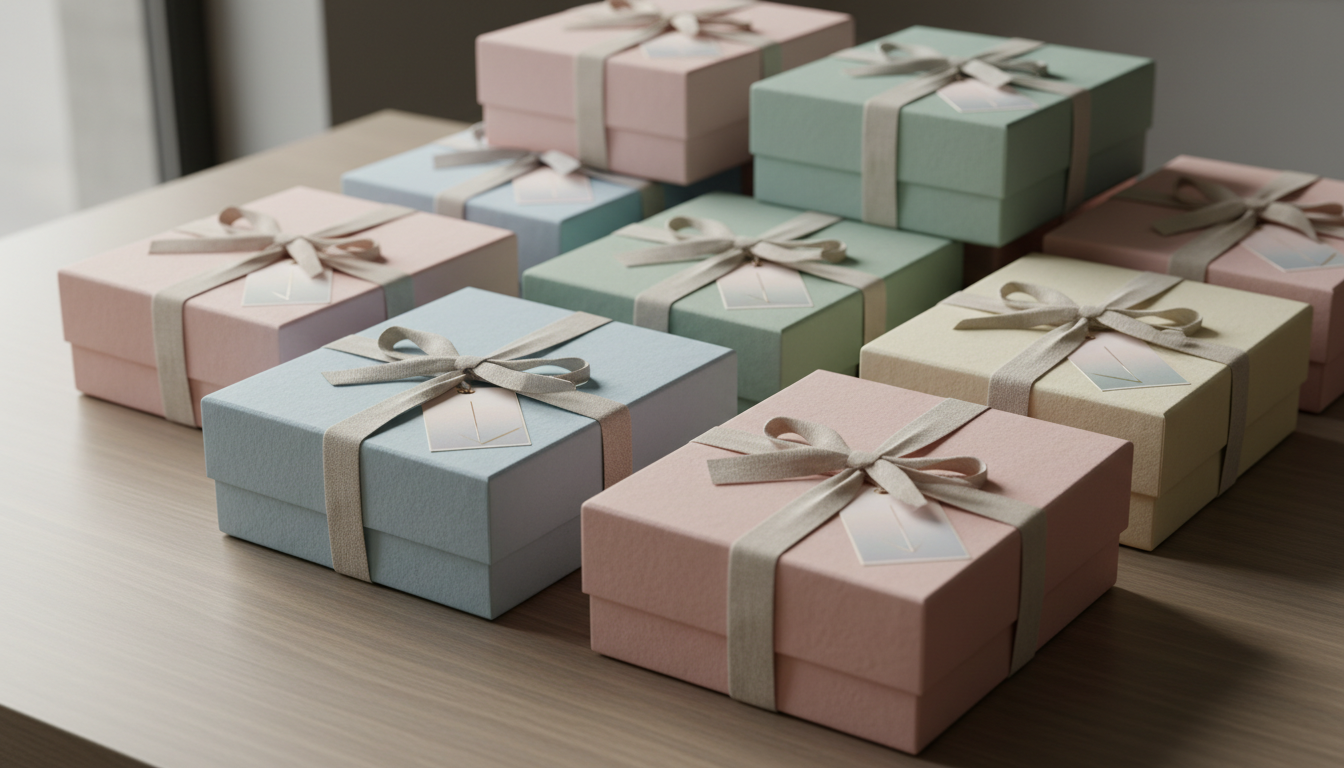 A beautifully arranged selection of unique and artisanal gift boxes crafted from textured, natural matte paper in muted pastel shades, each elegantly tied with understated linen ribbons. The boxes are artfully stacked and staggered on a smooth, neutral-toned wooden tabletop. Subtle gradients and refined metallic accents are visible on the labels. Diffused natural daylight streams in from the side, creating gentle highlights and soft-edged shadows. The mood is sophisticated and inviting, evoking a sense of anticipation and mindful curation. Photographed from a slightly elevated angle with sharp focus on the intricate textures, and a soft, unfocused background emphasizing minimalist photographic realism and a clean, elegant composition.