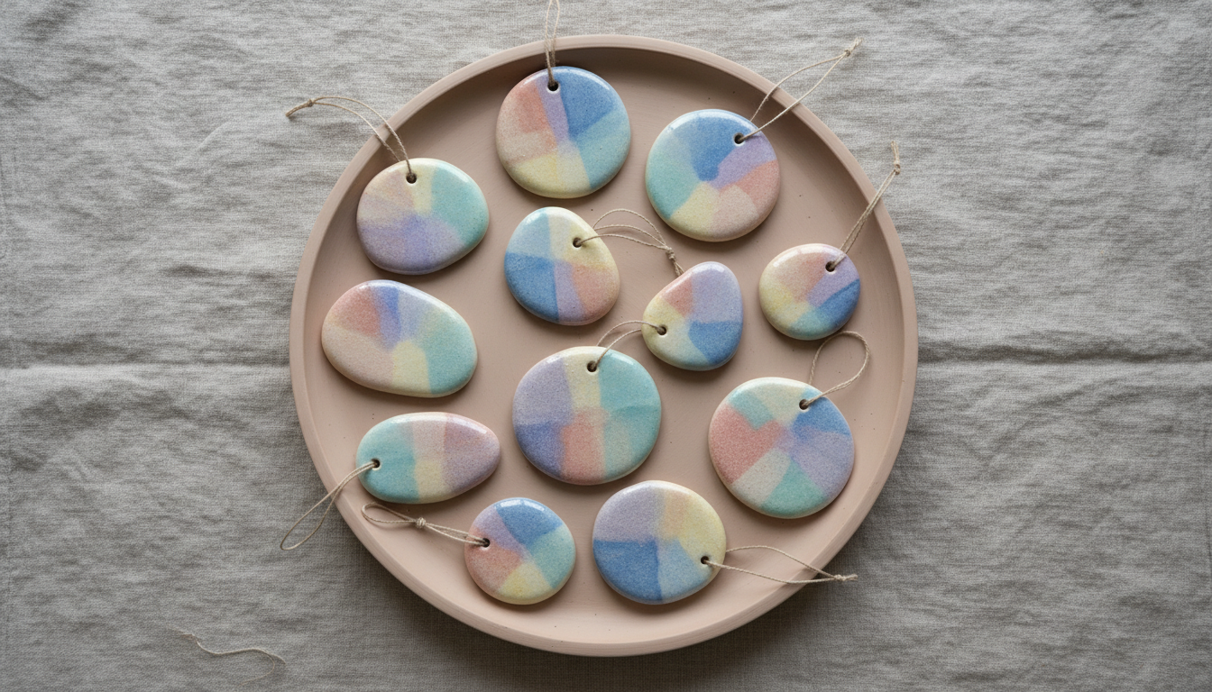 An assortment of delicately crafted, hand-painted ceramic ornaments in abstract, subtly colorful designs, arranged on a muted clay plate atop a linen-draped table. The ceramics exhibit gently textured surfaces and carefully blended pastel hues, each piece unique in shape. Overhead, diffused studio lighting softly illuminates the scene, highlighting the gradients and glazed details without harsh shadows. The overall feeling is refined and artistic, embodying the spirit of creative gifting. Photographed from a top-down, flat-lay perspective with carefully balanced minimalism and soft focus around the plate, perfectly suited to the site’s sophisticated aesthetic.