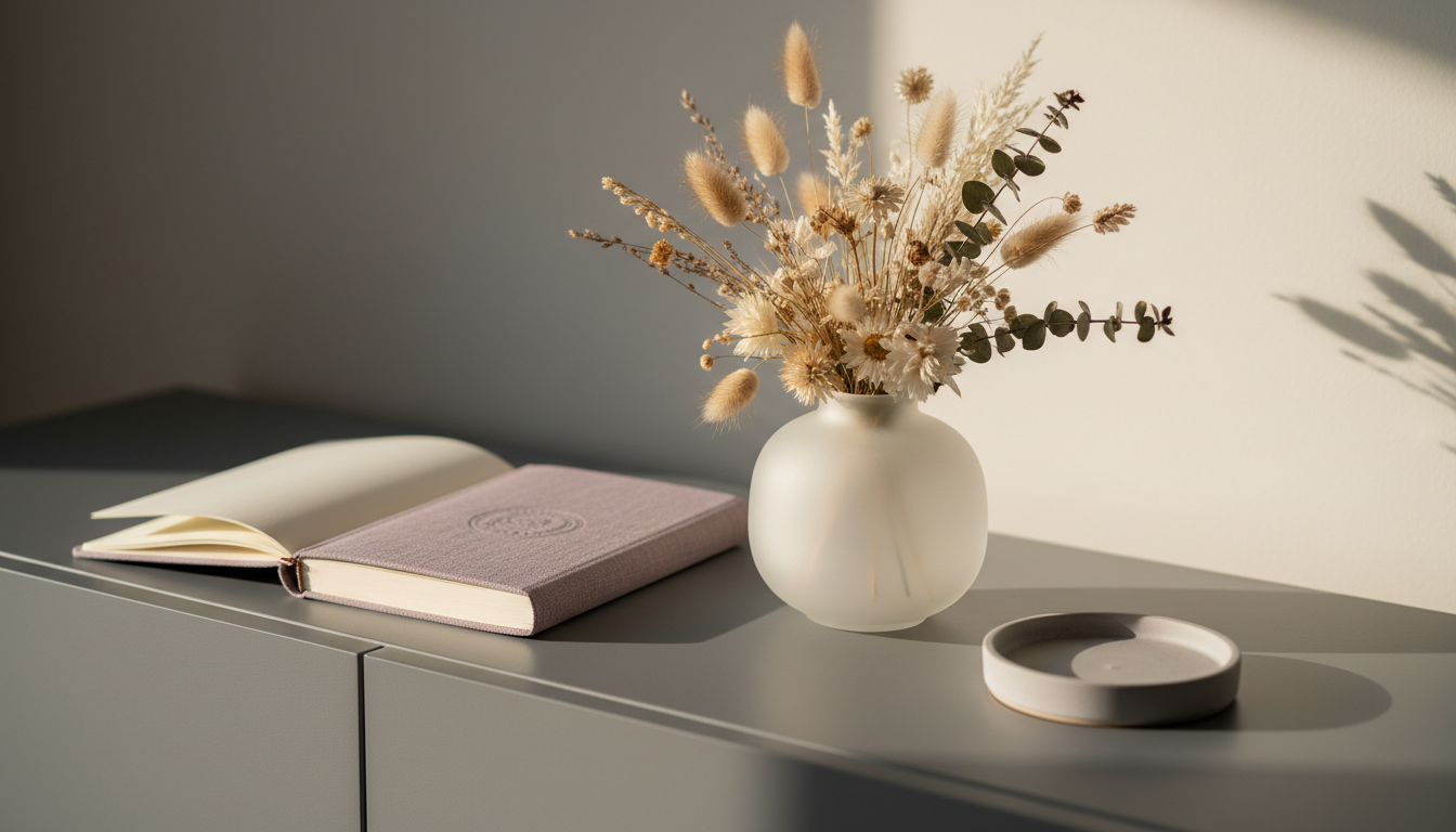 A tranquil tabletop arrangement featuring a frosted glass vase filled with elegantly arranged dried wildflowers in pale neutrals, set upon a smooth slate-grey sideboard accented with a single matte ceramic trinket tray. A therapy journal with a linen cover rests nearby, its color a gentle muted lavender. Soft, late afternoon sunlight enters from the side, creating delicate highlights along the vase’s curve and subtle gradients across the scene. The mood is peaceful and encouraging of mindful living, captured with a minimalist composition and balanced asymmetry. Shot from a three-quarter angle with moderate depth of field for a refined, photographic presentation reminiscent of elegant lifestyle imagery.