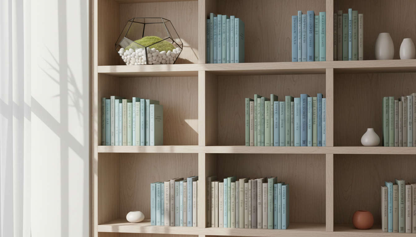 A serene, tastefully organized therapy consultation area featuring a minimalist glass terrarium filled with pale green moss and smooth white stones, placed atop an understated pale wood bookshelf lined with artful, color-coordinated books. The shelves’ contents are spaced for visual calm. Gentle, diffuse daylight enters from a nearby window, casting faint, patterned shadows across the shelf and terrarium. The atmosphere is tranquil and welcoming, with an emphasis on mindfulness and creative support. Composed with a slight side angle and rule-of-thirds framing, rendered in photographic realism with refined minimalist details, capturing the essence of the brand’s sophisticated character.