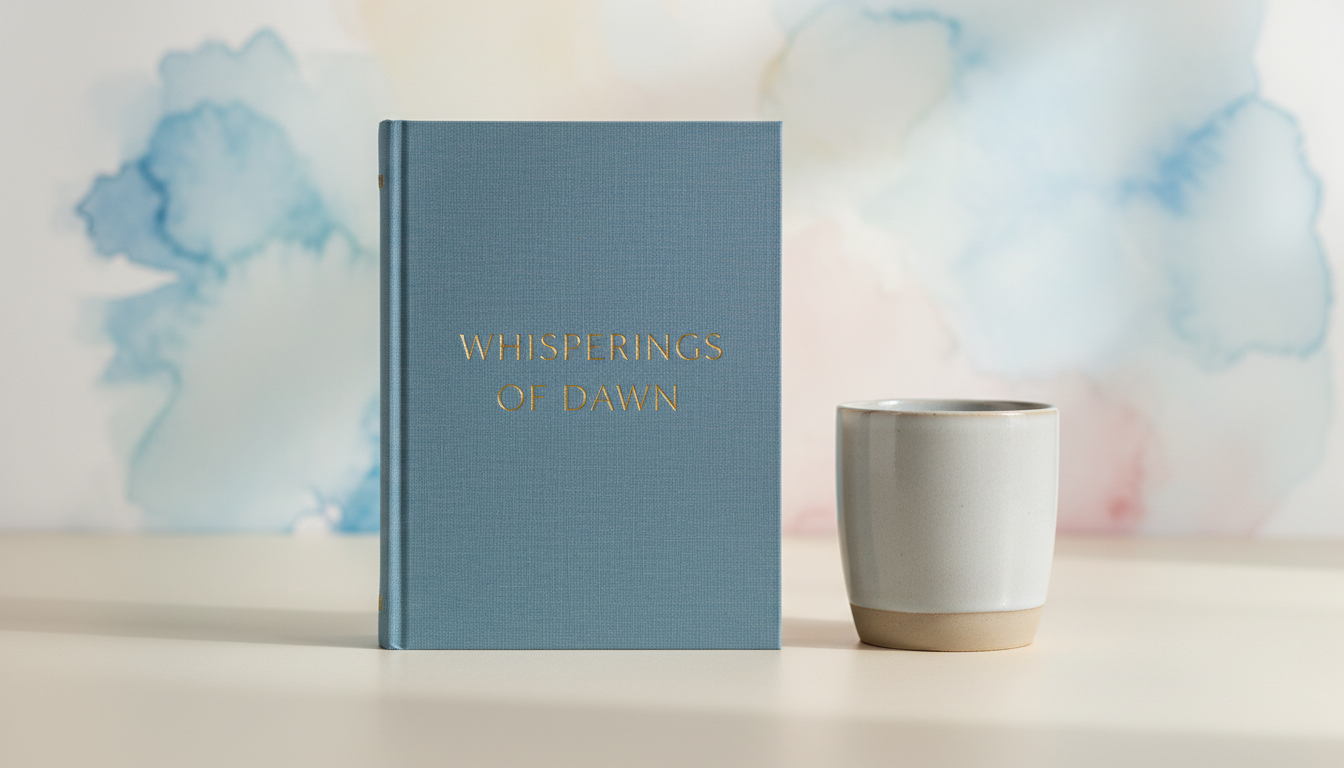 A hardcover book with a tactile fabric cover in soft, muted blue, displayed closed beside a minimalist stoneware mug on a matte, softly colored desk surface. The book’s title is embossed in refined gold foil, catching subtle light. The background features delicate, hand-painted watercolor strokes in faint gradients that blend seamlessly into the scene. Gentle, diffused natural light bathes the objects from above, creating a calm, serene, and contemplative atmosphere. Captured with an eye-level perspective using a centered, minimalist composition and shallow depth of field, emphasizing sophisticated details and thoughtful, photographic realism that aligns with the site’s refined style.