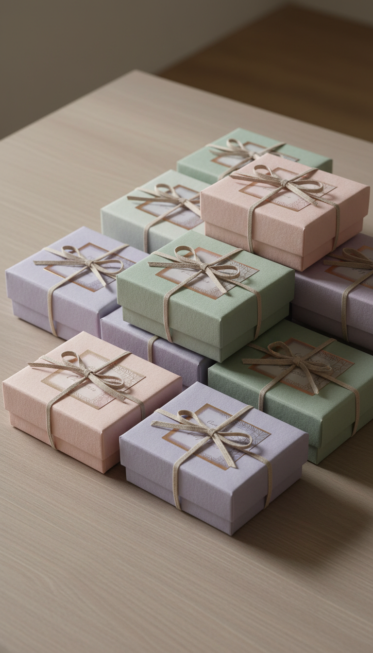 A beautifully arranged selection of unique and artisanal gift boxes crafted from textured, natural matte paper in muted pastel shades, each elegantly tied with understated linen ribbons. The boxes are artfully stacked and staggered on a smooth, neutral-toned wooden tabletop. Subtle gradients and refined metallic accents are visible on the labels. Diffused natural daylight streams in from the side, creating gentle highlights and soft-edged shadows. The mood is sophisticated and inviting, evoking a sense of anticipation and mindful curation. Photographed from a slightly elevated angle with sharp focus on the intricate textures, and a soft, unfocused background emphasizing minimalist photographic realism and a clean, elegant composition.